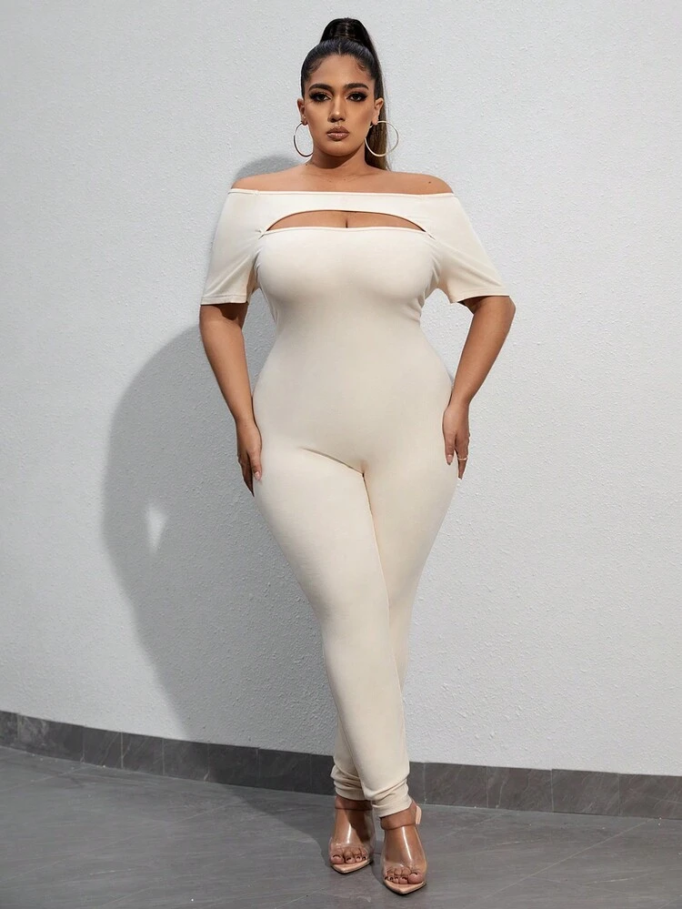 Plus Size Women's Hollow Out Off Shoulder Bodycon Jumpsuit Off Shoulder Cut Out Front Unitard Jumpsuit Date Night Outfits Sexy Outfits Club Birthday Outfit Spring Summer Women Clothes Bachelorette Party