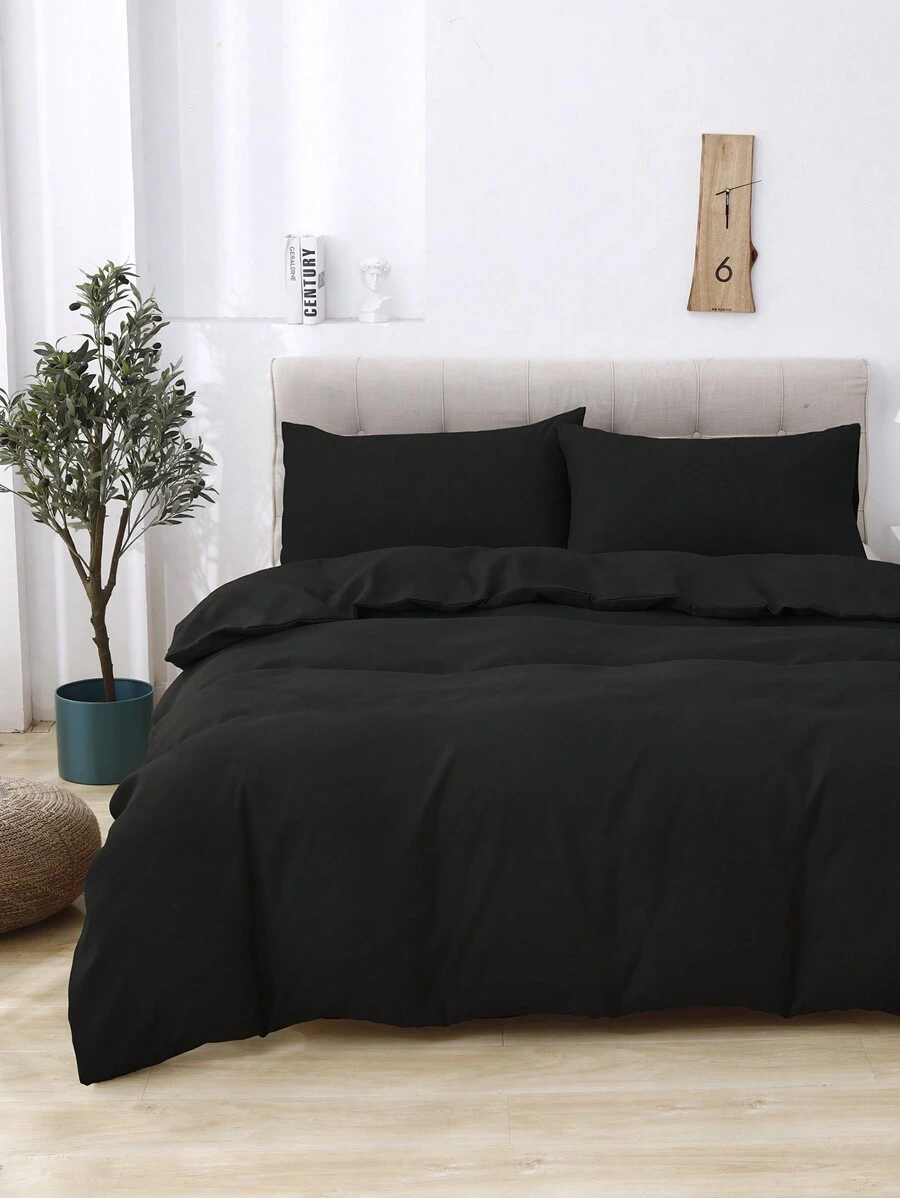 3件套简约优雅床上用品羽绒被套，纯色拉绒 - 黑色 - 查看 1