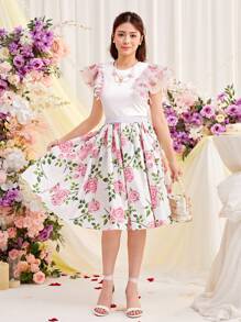 SHEIN Teen Girls' Organza Flower Printed Layered Ruffle Sleeve Textured Knit T-Shirt