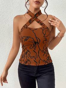 SHEIN Privé Của phụ nữ In Crisscross Áo hai dây - màu nâu - Xem 4