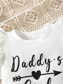 SHEIN Vintaside Kids Baby Girl's Letter Print Cap Sleeve Top With Ribbed Denim Shorts 2pcs Outfit Set