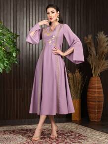 Modelyn Women's Gold Ribbon Patchwork Flare Sleeve Dress - Mauve Purple - View 4