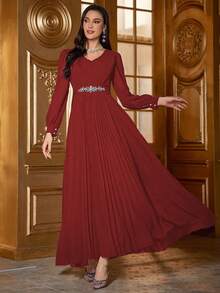 Vestido plisado elegante con decoración de cristales para mujer, primavera/otoño - Rojo - Ver 3