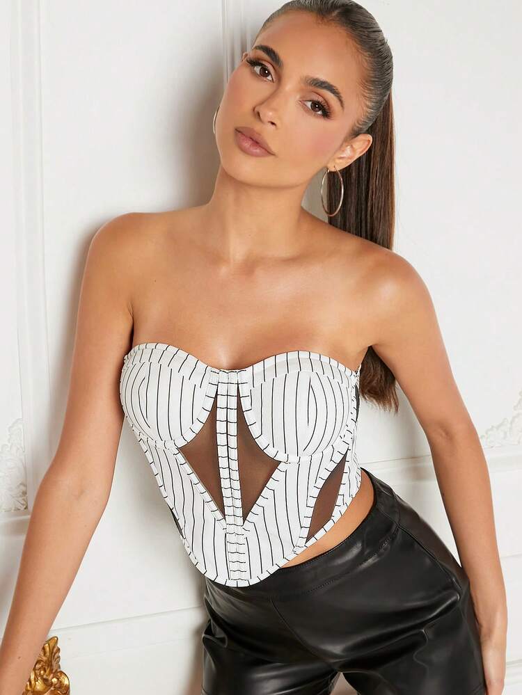Striped Sheer Panel Bustier Top