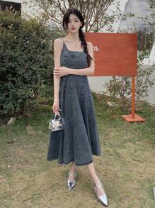 DAZY Của phụ nữ Denim Váy Dây - Rửa trung bình - Xem 2