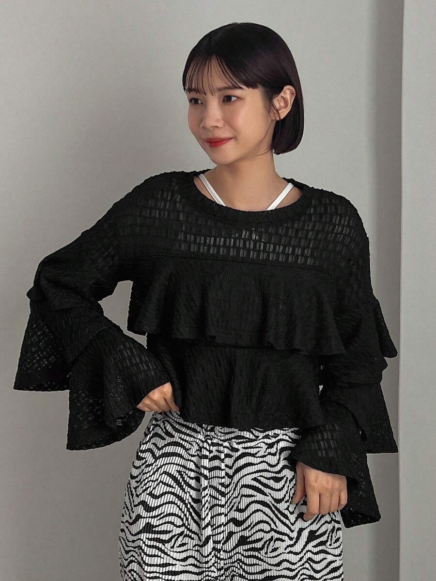 FRIFUL Ladies' Perspective Double Layer Ruffle Hem T-Shirt Long Sleeve Women Tops