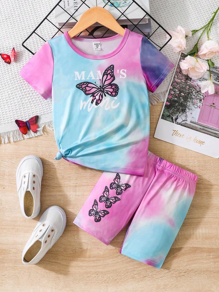 SHEIN 青少女蝴蝶圖案扎染織物細節短袖t恤和短褲2件套裝,夏天 - 彩色 - 查看 1