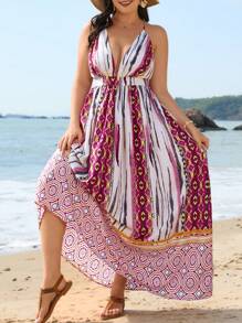 SHEIN VCAY 夏季海灘風格印花露背連衣裙 - 彩色 - 查看 1