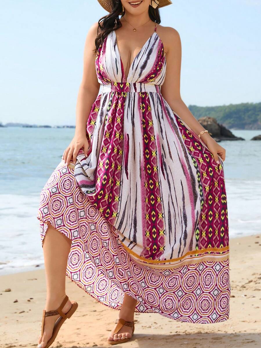 SHEIN VCAY 夏季海灘風格印花露背連衣裙 - 彩色 - 查看 1