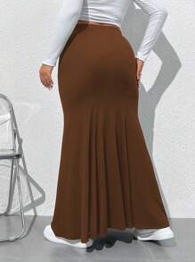 SHEIN EZwear 大尺碼純色人魚裙 - 棕色 - 查看 2