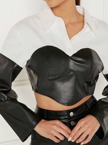 Denimoi Two Tone Hanky Hem Contrast PU Leather Crop Blouse