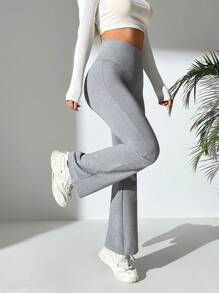 SHEIN PETITE Back Cross Flared Slim Fit Pants - Grey - View 6