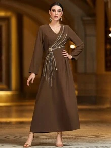 Modelyn Cà phê Làm thủ công Kết cườm Eo Kẹp chặt Đầm - Cà phê - Xem 3