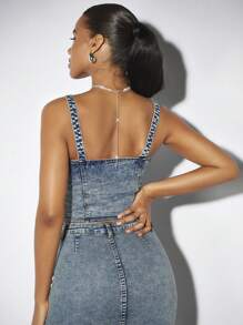 SHEIN BAE Square Neck Tie Detail Washed Blue Denim Bustier&Denim Corset&Summer Tank Tops