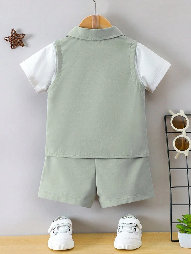 Baby Boy's Color Block 2-In-1 Short Sleeve Top And Shorts Set With Workwear Style, Great For Daily Wear And Casual Life In Spring And Summer