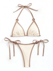 Swim Basics Conjunto de bikini con cuello de halter y ribete de contraste para mujer, conjunto de bikini de dos piezas de hilo, traje de baño, ropa de playa, vacaciones de verano, playa de verano - Albaricoque - Ver 5