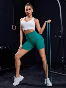 SHEIN Yoga Basic Solid Color Wide Waistband Athletic Shorts Seamless Yoga Shortsbutt Lifting Shorts - Green - View 3