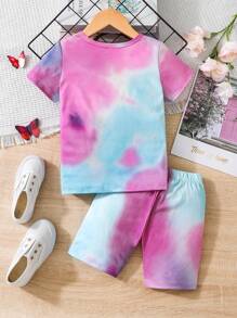 SHEIN 青少女蝴蝶圖案扎染織物細節短袖t恤和短褲2件套裝,夏天 - 彩色 - 查看 2