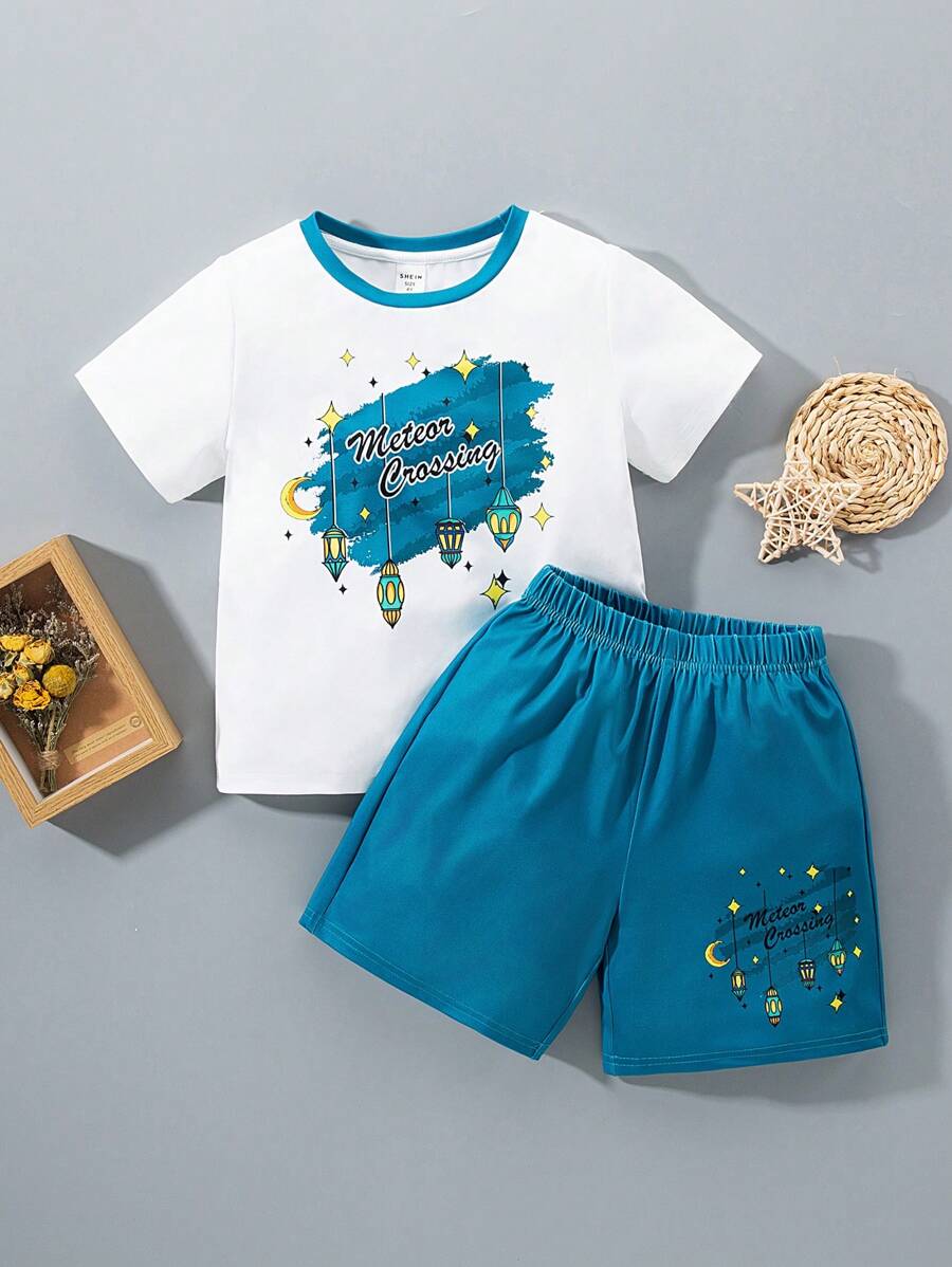 SHEIN Bé trai Giải trí In Vòng cổ Ngắn tay Áo thun Và Quần short Trang phục mặc nhà Bộ - Nhiều màu - Xem 1