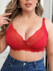 Plus Size Valentine's Day Theme Solid Color Lace Spliced Bra - Red - View 3