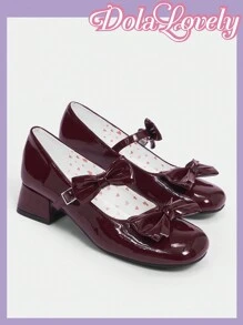 Dola Lovely 女裝漆皮鞋,圓頭粗跟高跟鞋,心形蝴蝶口音,低幫瑪莉珍風格,時尚 - 紫紅色 - 查看 8