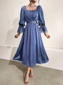 Modelyn 女士毛茸茸袖口鈴袖方領裙 - 藍色 - 查看 7