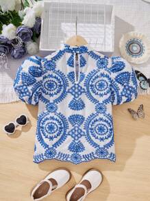 SHEIN 中小學女生適合的a字型刺繡立領泡泡袖襯衫 - 藍白色 - 查看 3