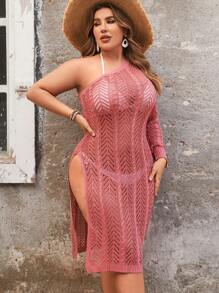 SHEIN Clasi 大尺寸純色鏤空針織側開衩毛衣連身裙 - 紫紅色 - 查看 4