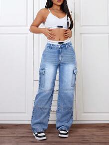 SHEIN ICON 水洗貨運牛仔褲 - 中等水洗藍 - 查看 5