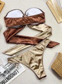 SHEIN Swim Women Bikini Sets Cincin Blok Warna Plain Seksi - Coffee Brown - View 2