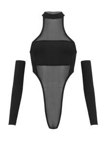 INAWLY 女士透視高腰連體網眼衣 - 黑色 - 查看 6