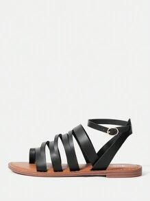 SheIn VCAY Women'S Flat Round Toe Ankle Strap Vacation Style Sandals - Black - View 6
