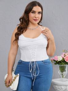 PARTHEA Plus Draped Collar Off Shoulder Mesh Corset Top - White - View 3