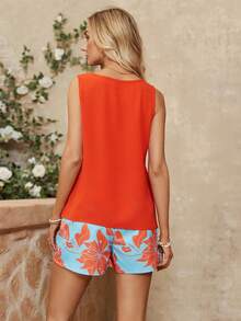 SHEIN LUNE 女性夏季假日兩件套裝：橙色背心和短褲,帶有聖派屈克節元素 - 橘色 - 查看 2