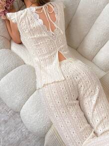 SHEIN 女士睡衣套裝,背面蕾絲裝飾,露背繫帶設計 - 杏色 - 查看 3