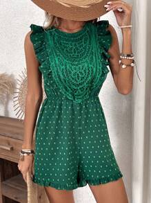 SHEIN Clasi Women's Polka Dot Lace Patchwork Ruffle Trim Jumpsuit - Dark Green - View 5