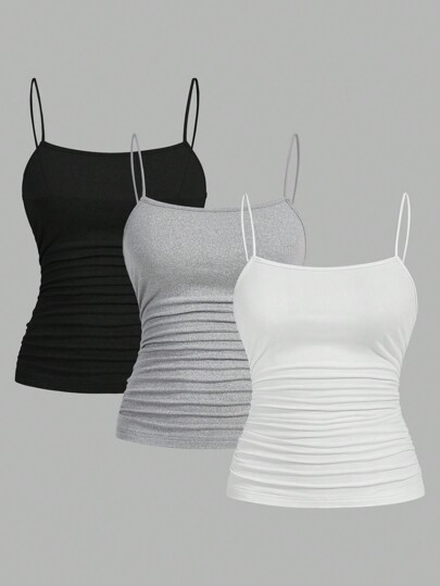 SHEIN EZwear 3 pièces/set Débardeur casual ajusté avec côtés froncés pour femmes grandes tailles, adapté pour l'été