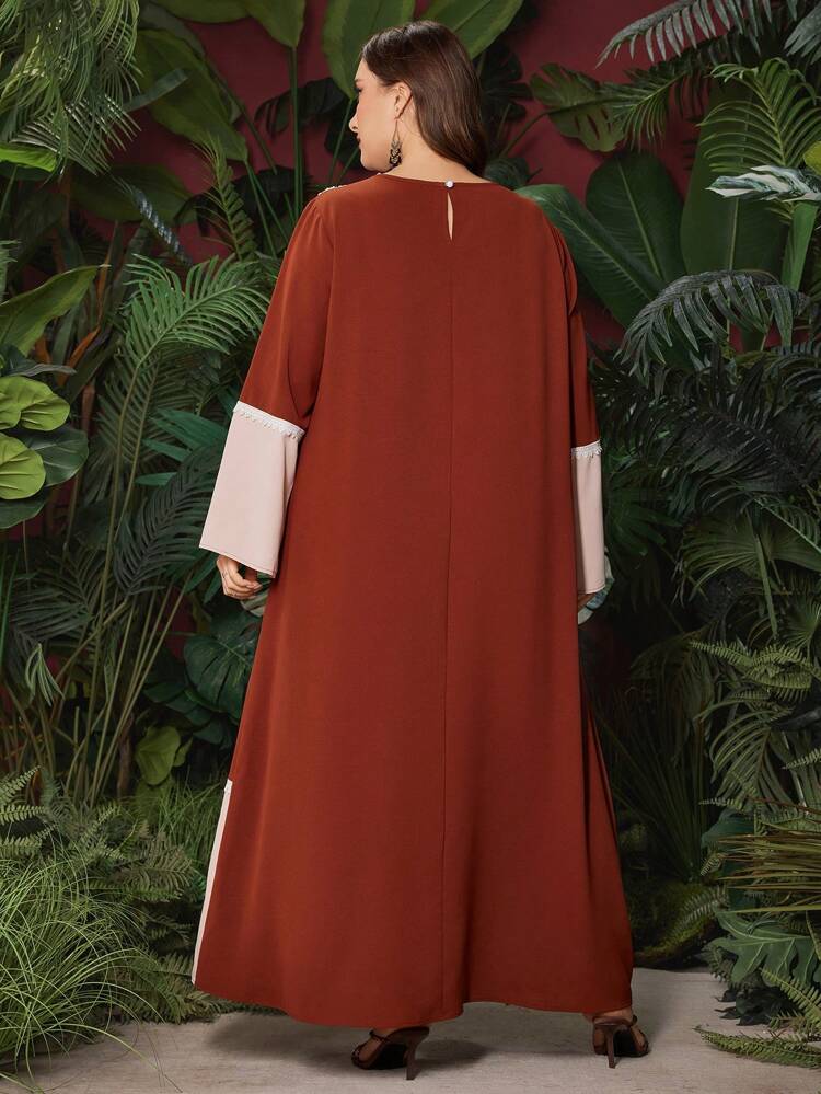 Plus Size Color Block Water Soluble Lace Patchwork Dress Kaftan Jalabiya Dress