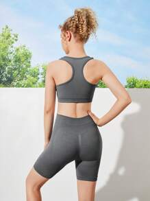 Conjunto De Top Tanque E Shorts Sem Costura Para Meninas Adolescentes, Cinza Escuro, Ideal Para Exercícios Ao Ar Livre, Fitness, Yoga Ou Aeróbica