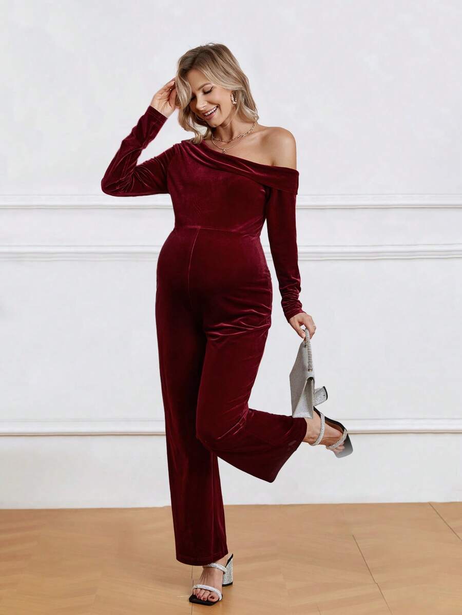 SHEIN Maternity Asymmetrical Collar Long Sleeve Jumpsuit - Burgundy - View 1