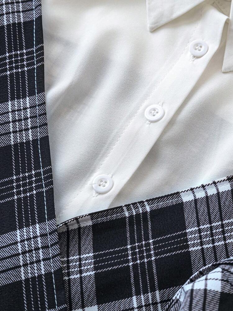 Women's Patchwork Plaid Short Puff Sleeve Dress