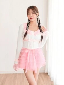 SHEINNeu 夏季白色上衣芭蕾蝴蝶结甜美可爱粉色蕾丝边丝带大圆领长袖 T 恤 - 白色 - 查看 4