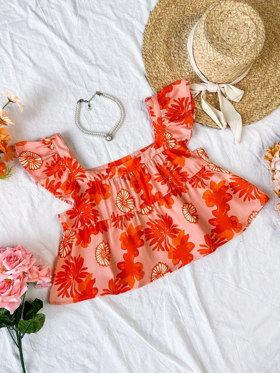 Soleia Women's Floral Print Square Neck Ruffle Trim Decorated Blouse - Multicolor - View 1