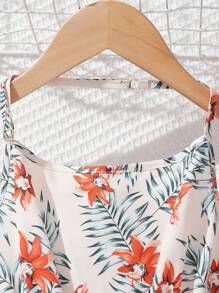 女童花卉印花連身褲，彈性腰圍和肩帶 - 杏色 - 查看 4