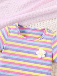 SHEIN Vintaside Kids Baby Girls' Colorful Striped Short Sleeve T-Shirt And Shorts Set