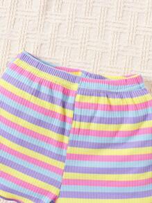 SHEIN Vintaside Kids Baby Girls' Colorful Striped Short Sleeve T-Shirt And Shorts Set