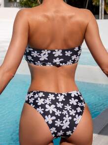 SHEIN Swim Summer Beach Women's Floral Printed Bandeau Bikini Set - Black and White - View 2