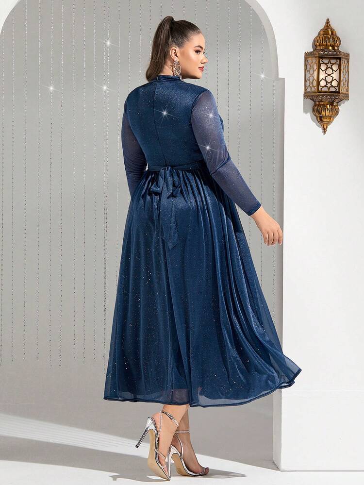 Plus Size Women's Stand Collar Mesh Long Sleeve Arabian Dress,Elegant Evening Party Dress Long Evening Dresses