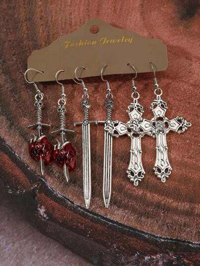 ROMWE 6pcs/Set Gothic Style Vintage Cross, Heart & Sword Shaped Earrings (Without Card), Halloween