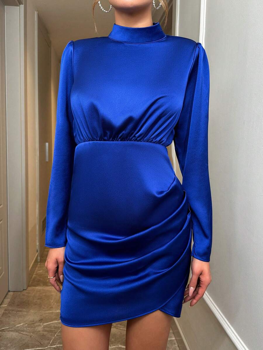 SHEIN Cottnline 女士純色立領包裹褶邊洋裝 - 寶藍色 - 查看 1